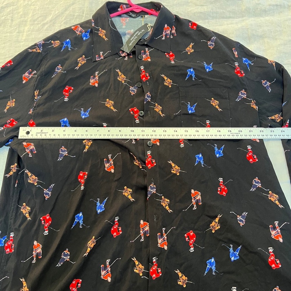 BLUE SKY GUY Men's XL Black Hockey Player Pattern Casual Button-Down Shirt - Picture 12 of 16